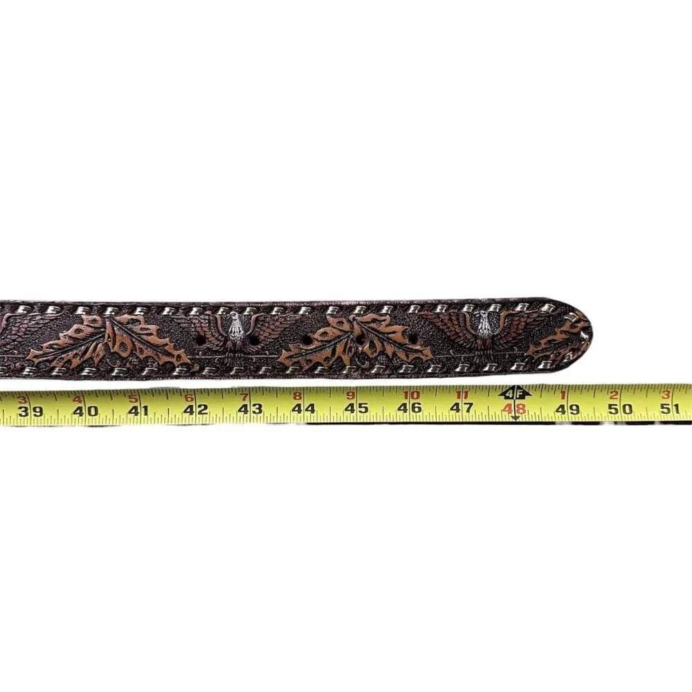 Vintage Leather Belt Eagle Leaf Western Personalized Ron Size 44 Handmade Retro - Picture 9 of 9